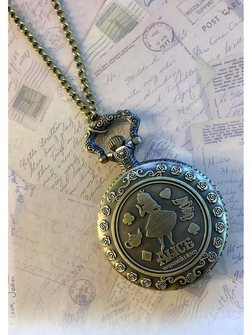 Alice in Wonderland Cheshire Cat Bronze Quartz Pocket Watch Necklace